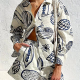 Summer Fruit Print Loose Shirt Shorts Set