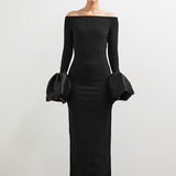 Long Sleeve Fitted Dress with Puff Sleeves and One-Shoulder Neckline