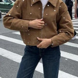 Retro Brown Faux Suede Collared Jacket with Studded Detailing