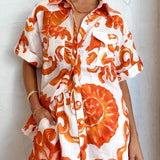 Unique Printed Shorts Lapel Loose Shirt Set