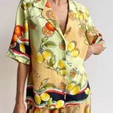 Modern Lemon Print Cardigan Single Breasted Lapel Pants Set