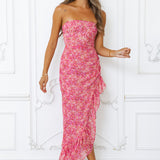 Dancing Dahlia Strapless Midi Dress | Romantic strapless dress with frill hem