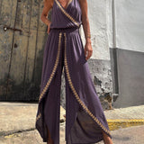 Unique Gold Trim Cross-Neck Elastic Waist Drawstring Slit Jumpsuit