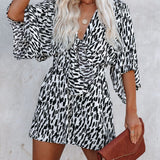 V-Neck Printed Pocketed Tie Romper - White