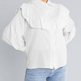 Ruffled Women Shirt Solid Slim Office Lady Frill Shirt