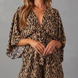 V-Neck Printed Pocketed Tie Romper - Camel