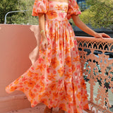Floral Print Puff Sleeve Back Smocked Pocket Maxi Dress