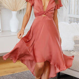 Sage Satin Maxi Wrap Dress: Twist-Front Cutout