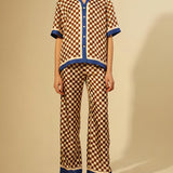 Unique Checkerboard Print Blue Stripe Splicing Loose Elastic Pants-Set
