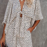 V-Neck Polka Dots Printed Pocketed Tie Romper