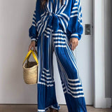Geometric Striped Print Long Sleeve Shirt & Wide Leg Pants Sets
