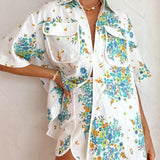 Floral Print Ivory Trim Pocketed Blouse And Back Elastic Shorts Set