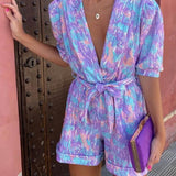 Candy Floral Puff Sleeves Romper In Purple