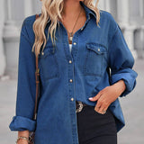 Collared Neck Dropped Shoulder Denim Top- Dark Blue