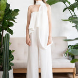 Off-Shoulder Flap Scarf Chiffon White Jumpsuit