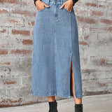Elastic Waist Split Denim Skirt