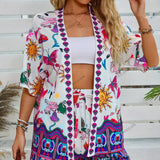 Fashionable Floral Print Casual Cardigan & Shorts Set