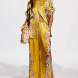 Sophisticated Satin Unique Cashew Flower Print Button Oversized Two-Pieces Set