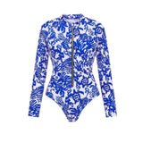 Blue Printed Zip Up Long Sleeve Surf Swimsuit
