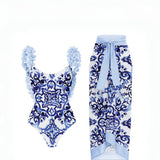 Blue One-Piece Bikini with Handmade Appliqué