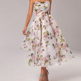 Strapless Sleeveless Printed Swing Midi Dress