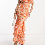 Shoulder Asymmetric Maxi Dress In Orange Floral Jacquard