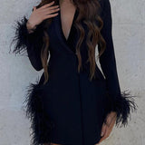 Stitched Furry V-Neck Hollow Suit Mini Dresses