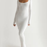 Solid Knit Square Neck Long Sleeve Maxi Dress