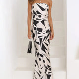 Satin Geometric Print Off Shoulder Maxi Dress