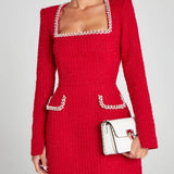 Exquisite Girl Charm Pearl Trim Slit Sleeve Pocket Mini Dress