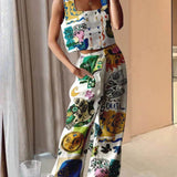 Unique Print Tank and Back Elastic Waist Pocketed Pants Set