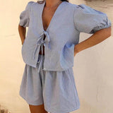 Plaid Front Lace-up Puff Sleeve Top and Elastic Waist Shorts Set