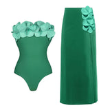 Strapless Green 3D Floral Swimsuit