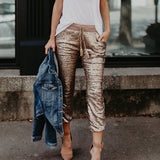 Sequined Elastic Waist Tie Trousers