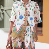 Unique Print Button Loose Shirt Aad Elastic Waist Pocket Shorts Set