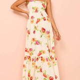 Unique Floral Print Halter Backless Extra Maxi Dress