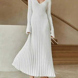 V Neck Flounce Sleeve Pit Strip Knitting Maxi Dress
