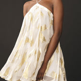 Sequins Hanging Neck Halter Print Swing Mini Dress