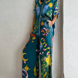 Unique Print Elastic Waist Pocketed Wide Leg Pants Set