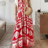 Shell Unique Print Front Lace-Up Loose Maxi Dress