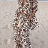 Button Open Collar Loose Zebra Print Drawstring Wide Leg Pants-Set