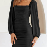 Mesh Pleated Long-Sleeve Mini Dress