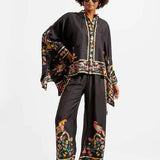 Fine Satin Floral Print Batwing Sleeve Pants Set - Black