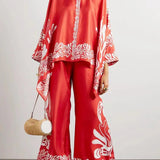 Fine Satin Floral Print Batwing Sleeve Pants Set - Red