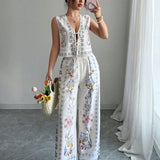 Tie-Up Vest & Wide-Leg Pants Set – Sky Blue Print