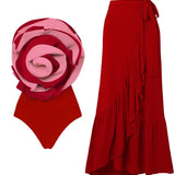 Red Statement Floral Contrast Swimsuit Set