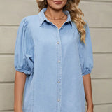 Elastic Princess-Sleeve Denim Top