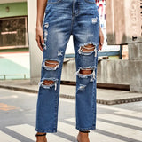 Versatile Washed Ripped Straight-Leg Cropped Jeans