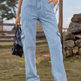 Vintage Washed Semi-Elastic Denim Cargo Pants