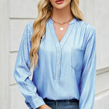 Chic Button-Down V-Neck Denim-Look Blouse